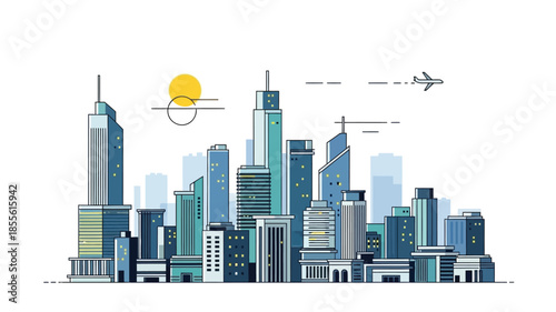 Vibrant Cityscape with Modern Skyscrapers and a Passing Airplane Under a Sunny Sky