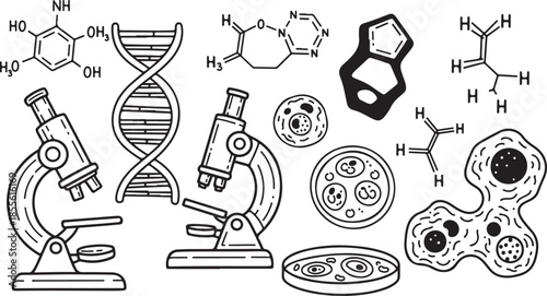 Medical research and biology laboratory illustrations with microscopes and dna