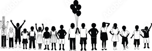 Group of children silhouette with balloons in playful poses for celebration, diversity, and childhood themes.