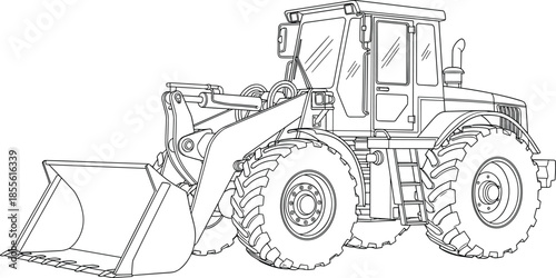 Front-end loader line drawing with detailed cabin, tires, and hydraulic arms for construction, machinery, and educational themes.