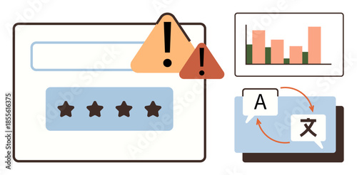 Warning alerts over a password form, bar chart analytics, and language translation process. Ideal for data analysis, security, feedback systems, global communication, risk management, information