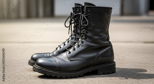 Black leather combat boots with high ankles, rugged soles, and polished finish on concrete ground.