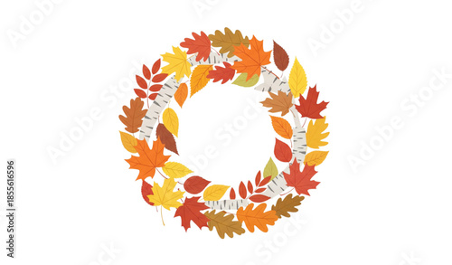 Colorful autumn leaves wreath vector illustration with mixed fall foliage isolated on white background