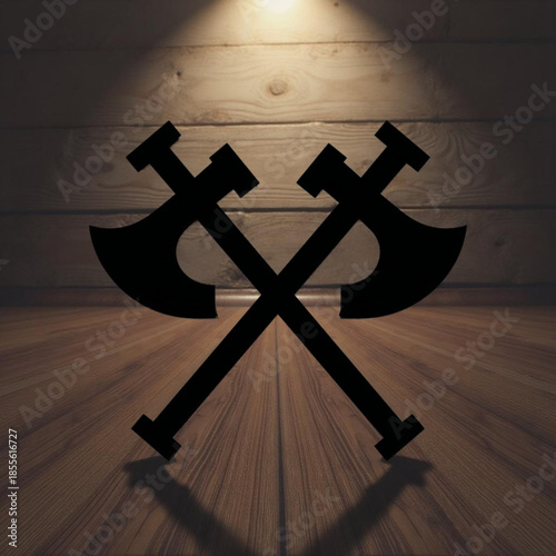 Two crossed axes in darkness.