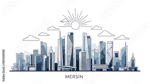 Elegant line art depiction of a bustling Mediterranean city's contemporary skyline, showcasing modern high-rise buildings and urban infrastructure under a radiant sun