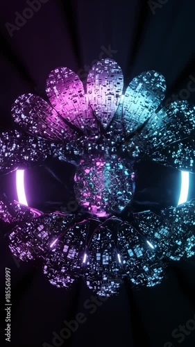 Rotating Sci-Fi Flower With Glowing Elements in Dark Background