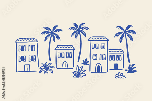 Tropical village houses and palm trees doodle vector illustration