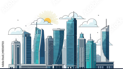 Modern city skyline illustration depicting a vibrant urban landscape with contemporary skyscrapers and buildings under a bright sunny sky, showcasing architectural design