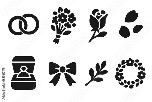 Wedding Icons Collection. Wedding rings and bouquet close-up. Filled icon set of Wedding rings and bouquet