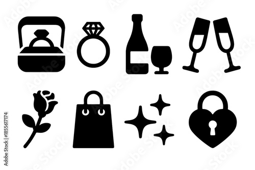Engagement Icon Set. Engagement essentials. Filled icon set of Engagement essentials: ring box, engagement