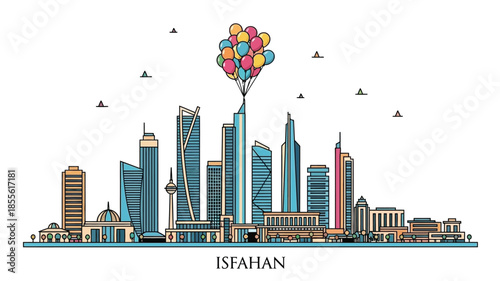 Vibrant line art cityscape illustration featuring modern skyscrapers and distinctive architecture, adorned with a playful cluster of colorful balloons, symbolizing urban charm and upliftment