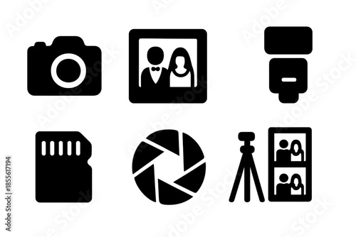 Wedding Icon Set. Wedding photography. Filled icon set of Wedding photography: camera, lens, photo frame,