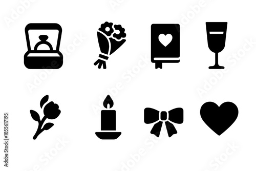Wedding Icons Collection. Wedding essentials. Filled icon set of Wedding essentials: ring box, bouquet, vow