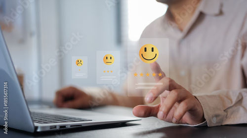 Customer giving five-star rating and positive feedback via smartphone. Concept of satisfaction, client review, customer experience, service quality, loyalty, and digital reputation management.