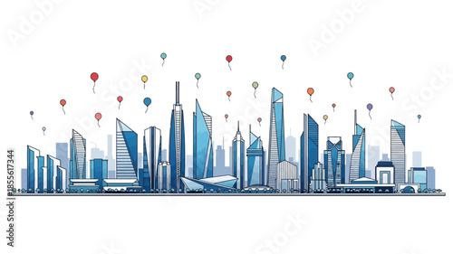 Futuristic city skyline with balloons, symbolizing progress and celebration