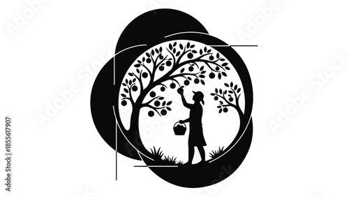 Silhouette of a person picking fruit from a tree with a basket, symbolizing harvest and nature's bounty.