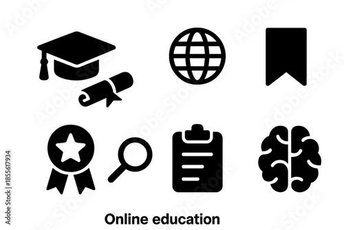 Online Education Icons. Online education symbols. Filled icon set of Online education symbols: graduation cap,