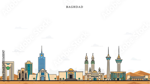 Iconic Skyline of Baghdad Featuring Famous Landmarks Under a Clear Sky