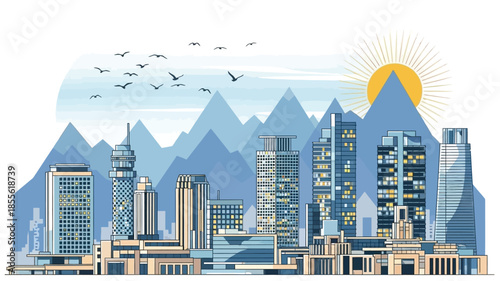 Vibrant city skyline at sunrise with distant mountains and a flock of birds soaring in the sky