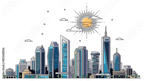 Modern city skyline with skyscrapers, diverse architecture under a sunny sky with clouds and rays