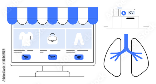 Technology integration. Technology concepts e-commerce, online resume storage, and health technology with visuals of online shops, digital CVs, and respiratory system. For retail, medical tech, HR