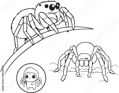 A set of detailed black and white illustrations of various spiders including tarantula and jumping spider.