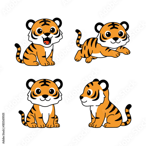 Adorable Baby Tiger Character Set Vector Illustration of Little Wild Cat Sitting Jumping and Smiling for Kids