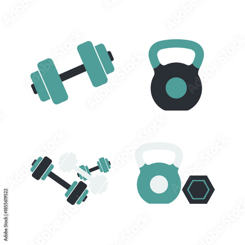 Professional Fitness Equipment Icons Set with Dumbbells Kettlebells and Weights for Gym Training and Bodybuilding Exercises