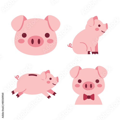 Fotografi Adorable Pink Pig Character Collection Featuring Piggy Bank Runing Pose and Pig