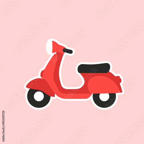 Red vintage motor scooter sticker icon isolated on pink background, retro moped delivery transport flat vector illustration design