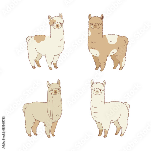 Set of cute llama and alpaca characters with different hairstyles and fur patterns, funny farm animal illustrations isolated on white background