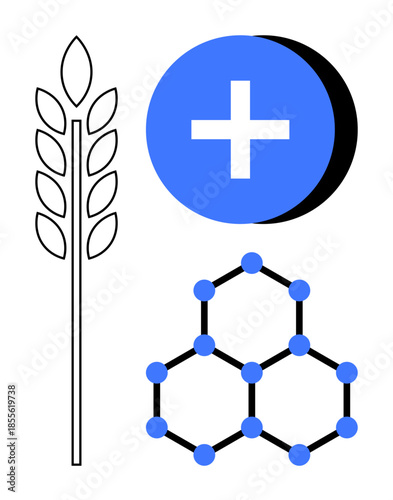 Biotechnology concept. Biotechnology illustrated with wheat, medical symbol, and molecular structure. Biotechnology advances in healthcare, agriculture, research, food innovation, and biochemistry