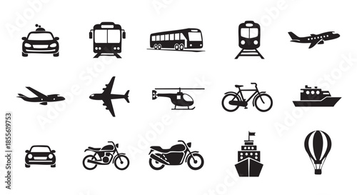 Transportation icons set featuring car taxi train airplane and motorcycle