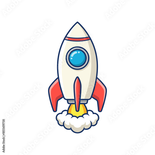Cartoon space rocket ship launching into space with fire and smoke, colorful spaceship travel concept vector illustration isolated