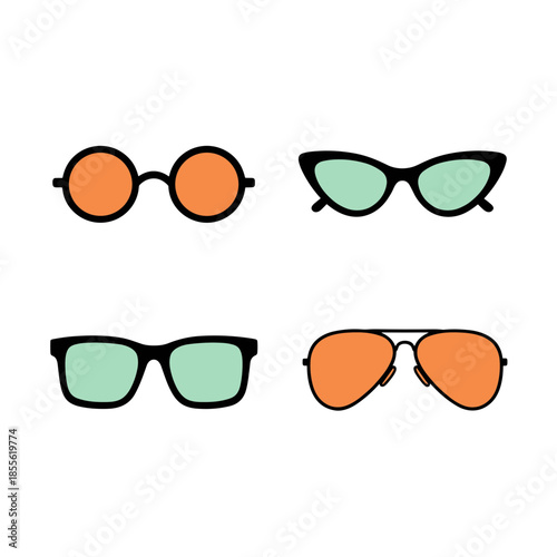 Collection of stylish sunglasses with different shapes and colors, set of modern fashion eyewear and sun glasses icons for summer