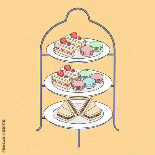 Three tier afternoon tea stand with delicious cakes, strawberry sandwiches and colorful macarons, party food vector illustration