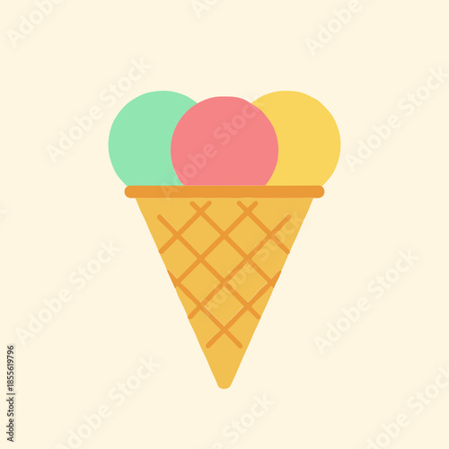 Sweet ice cream cone with three colorful scoops of mint, strawberry and vanilla flavors, summer dessert flat vector illustration