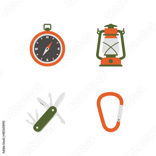 Outdoor camping and survival equipment set including compass lantern pocket knife and carabiner vector icons on white background