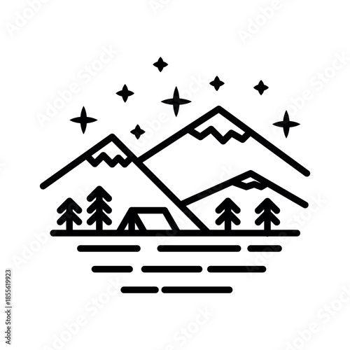 Camping site. Tent and mountain landscape. Black and white line art. Vector illustration. For textiles, clothes, postcards. Travel, hiking and camping concept.