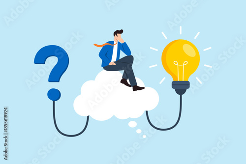 Flat illustration of businessman sitting on cloud bubble connecting question mark to lightbulb symbolizing problem solving idea generation and creative solution