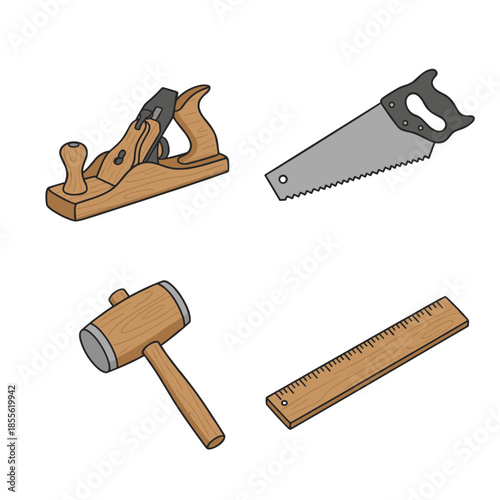 Professional woodworking hand tools set including wood plane saw mallet and ruler vector illustration for carpentry and DIY