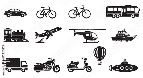 Transportation modes icons including car bicycle train airplane truck motorcycle design