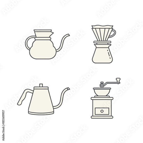 Professional pour over coffee brewing equipment set with kettle dripper and manual grinder line art icons for cafe and baristas