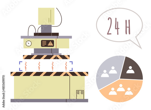 Industrial machine with caution stripes, safety alert, 24H speech bubble, and pie chart showing team distribution. Ideal for automation, teamwork, efficiency, production cycle, safety standards