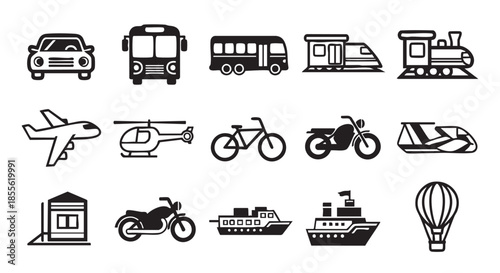 Transportation vehicle icon set including car bus airplane helicopter motorcycle