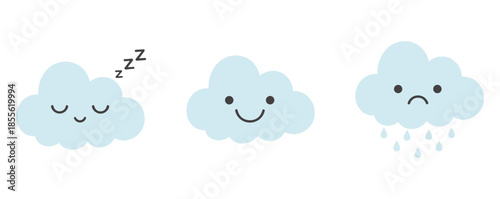 Adorable Weather Cloud Characters with Sleeping Happy and Sad Raining Expressions, Kawaii Weather Icons for Kids and App Design