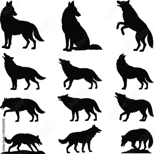 Twelve black silhouettes of wolves in various poses