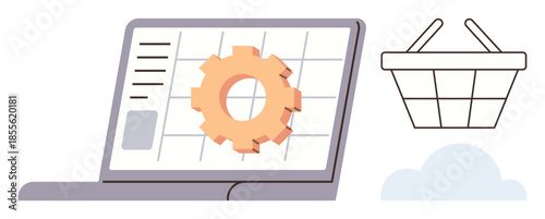 Laptop with a gear on a grid screen, shopping basket, and cloud. Ideal for e-commerce, technology, automation, online tools, data management cloud solutions product development. Simple flat