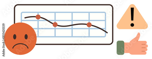 Downward graph with sad face, warning sign, and thumbs-up suggesting acceptance or strategy. Ideal for business trends, financial loss, feedback, failure impact, caution, recovery simple flat