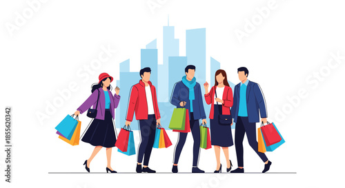 Group of diverse friends holding shopping bags walking in front of a city skyline for urban lifestyle retail and consumerism concepts.